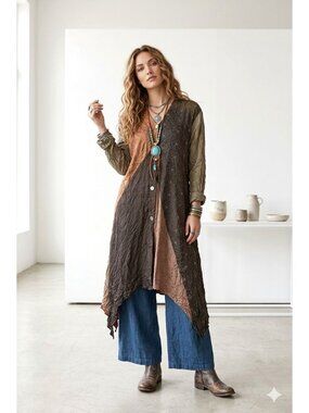 VTG Staley Gretzinger Patchwork Button Crinkle Jacket M/L Asymmetrical Lagenlook
